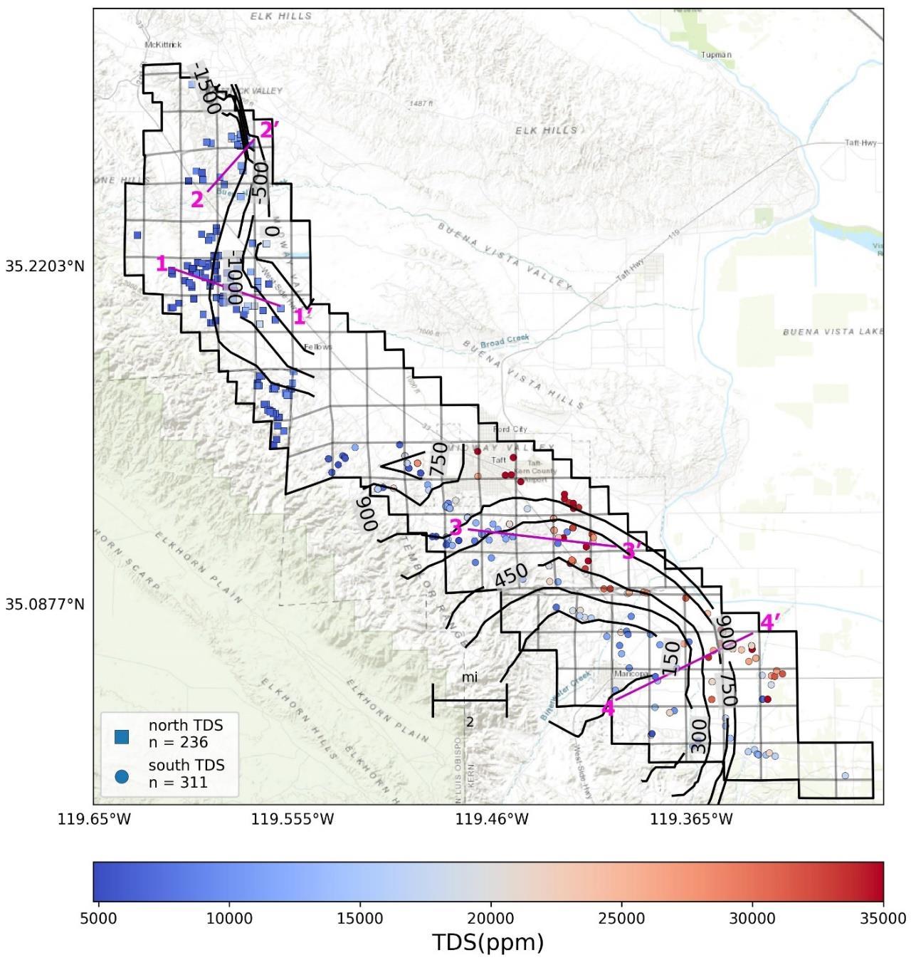 Thesis Figure 45: elevation contours of the 10,000 ppm total dissolved solids boundary with measured and calculated salinity locations and cross-section transects